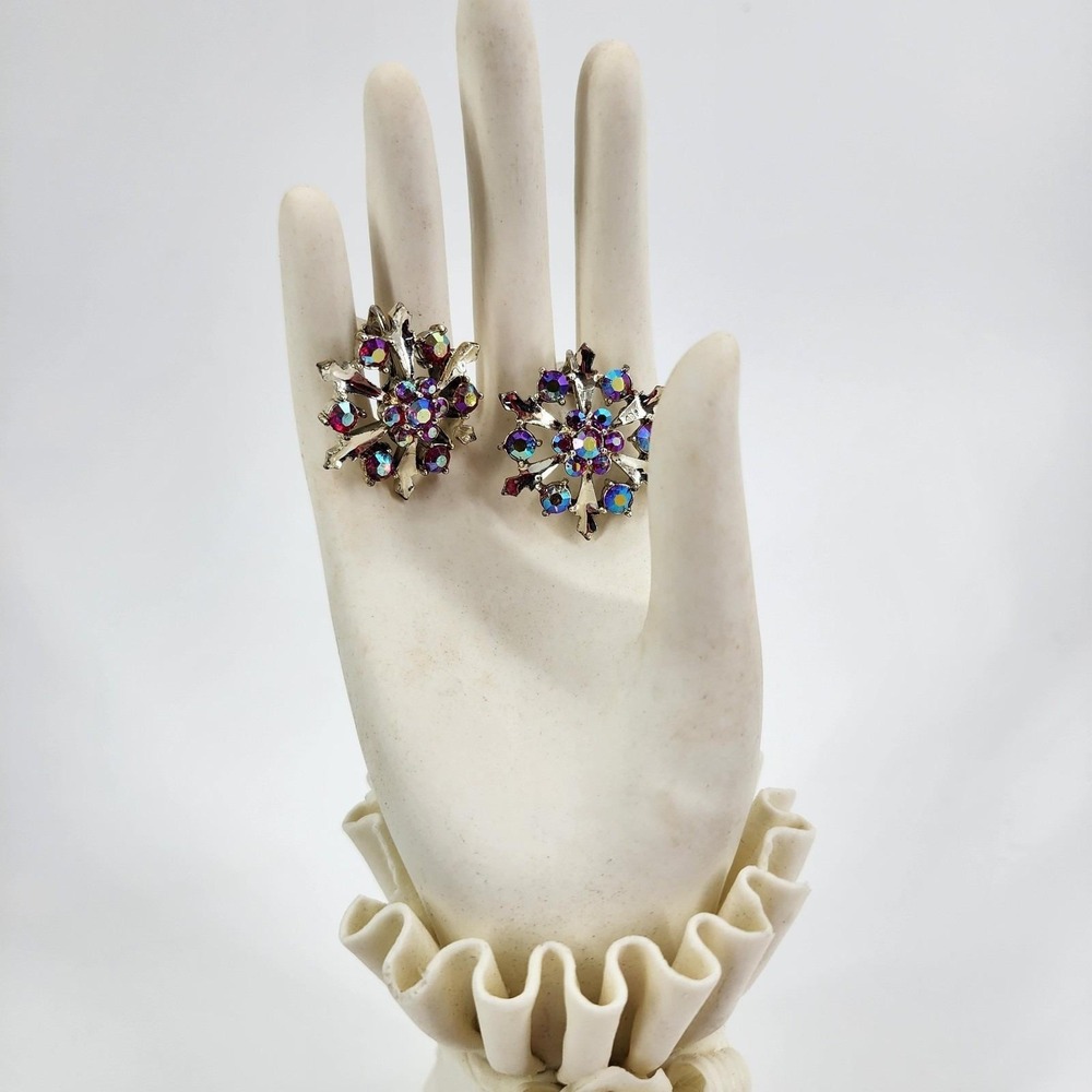 Vintage Coro Rhinestone Clip-On Earrings AB Red Gold Tone Snowflake 1"